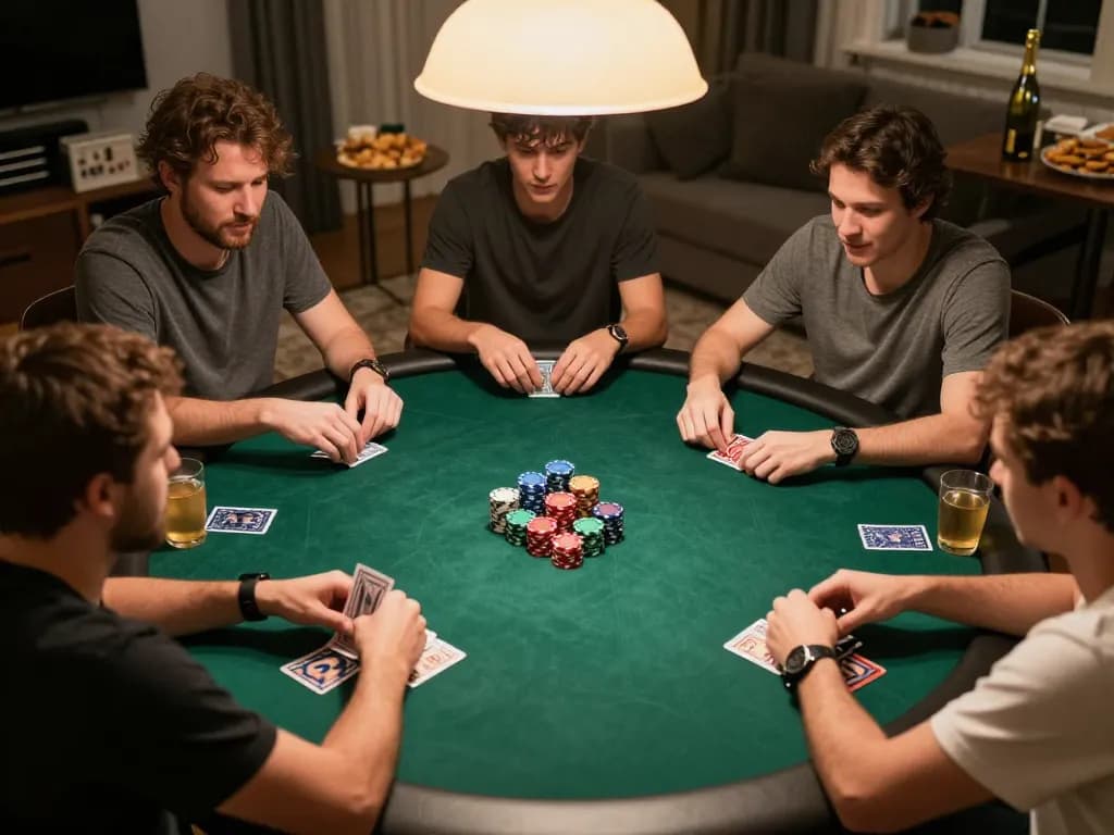 CM88 players showing poker hands in a friendly home game night with snacks and drinks.