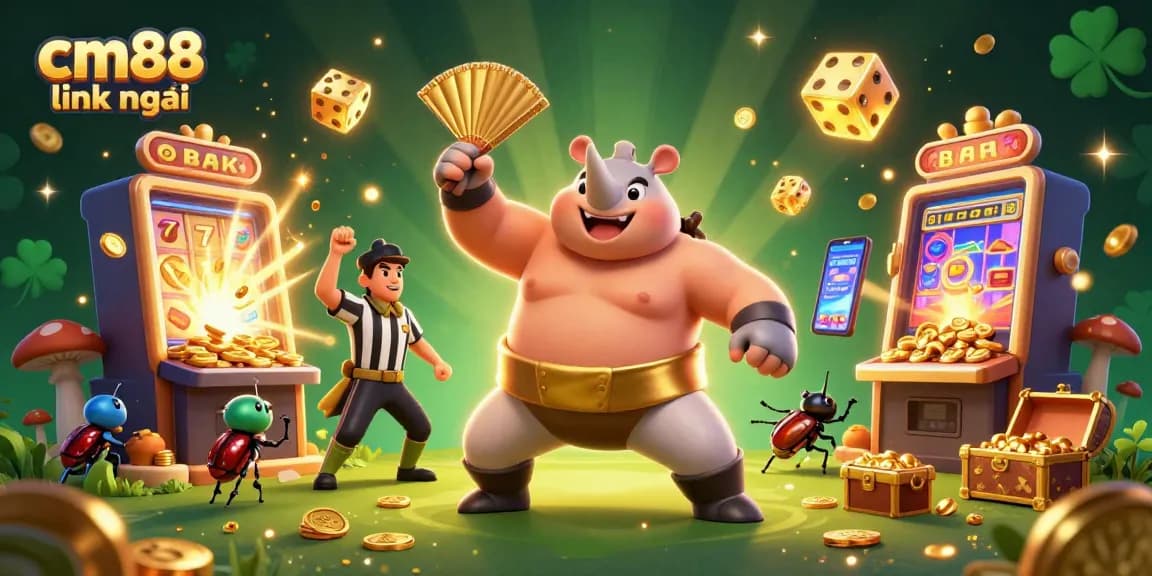Experience thrilling gameplay with cm88 link mới as a beetle champion stomps coins in this vibrant casino scene.