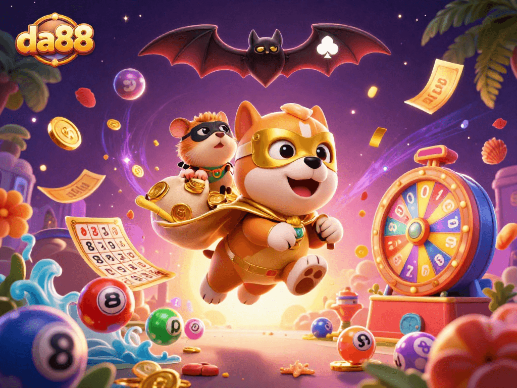 Experience da88 winning potential in a vibrant casino scene featuring a flying superhero dog and dynamic lottery elements.