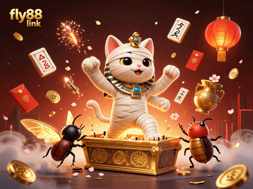 Catch the action at fly88 link with a vibrant casino scene featuring a mythical Egyptian mummy cat and gaming elements.