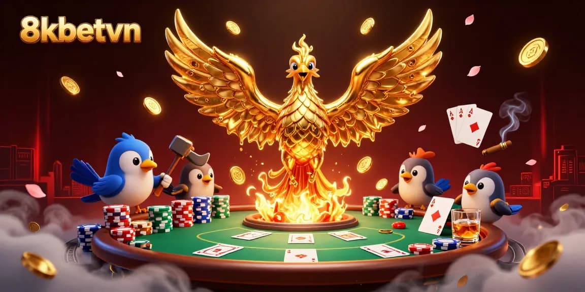 Bet on 8kbetvn with a golden phoenix and poker elements in a dynamic casino scene.