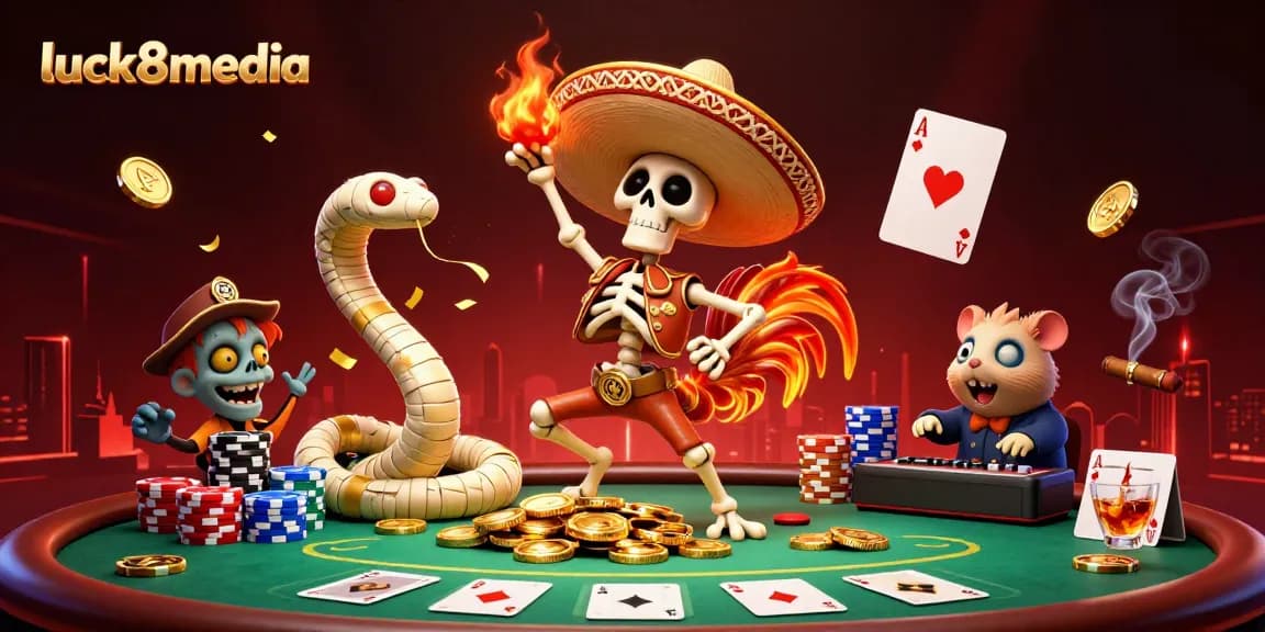 Elevate your game with luck8media's dynamic casino scene featuring poker elements and colorful characters.