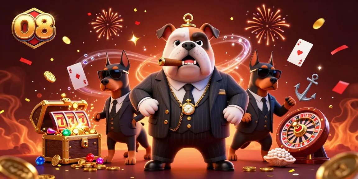 Play thrilling games at O8 with a vibrant scene showcasing a mafia bulldog and its Doberman bodyguards amidst colorful casino elements.