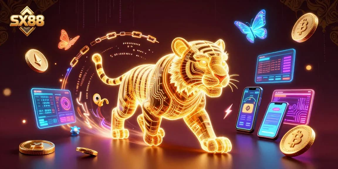 Experience the thrill of SX88 with an electrifying casino scene featuring vibrant characters and digital elements.