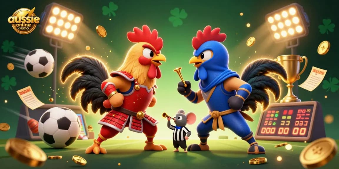Engage with exciting gameplay at aussie online casino featuring dynamic roosters in dramatic standoff.