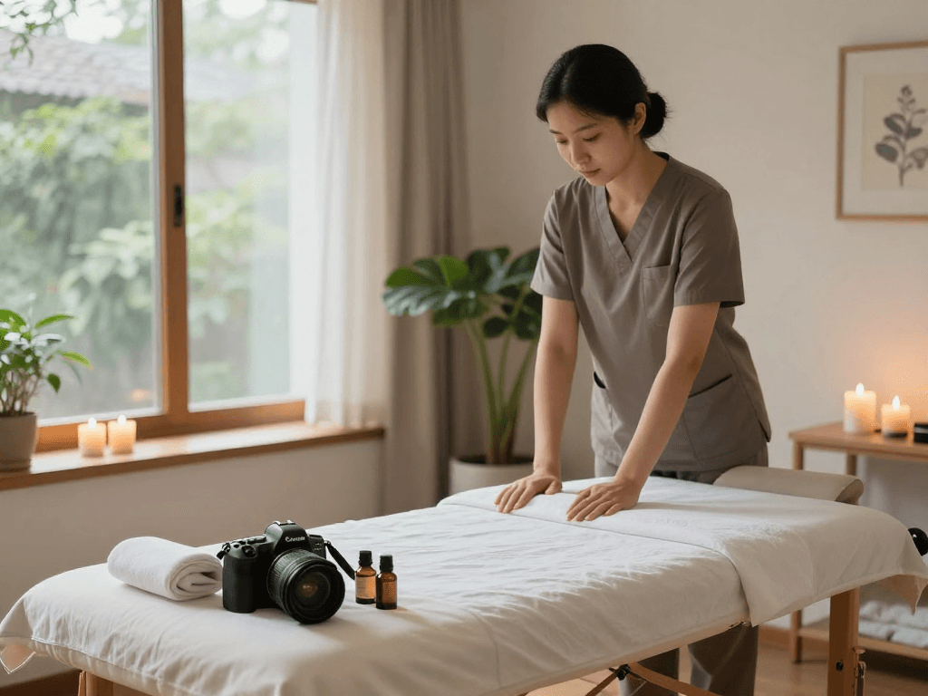 Enjoying 출장마사지 in a serene home setting with candles and calming ambiance.