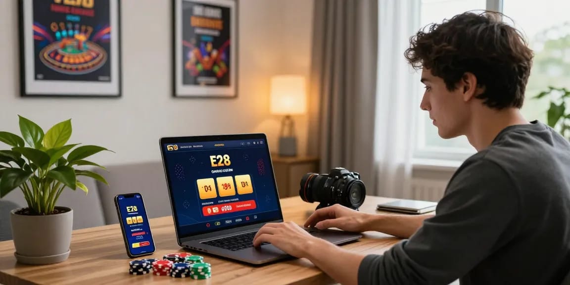 Exciting online gaming experience at E28 casino on laptop in modern home office.