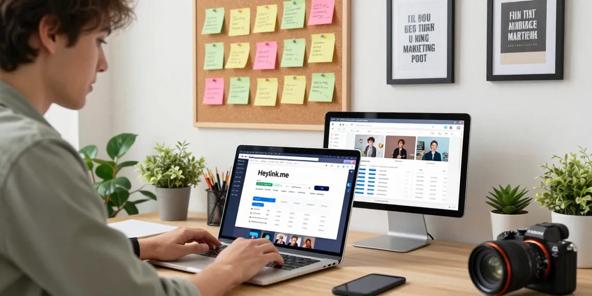 Membuat profil GEGESLOT di Heylink.me oleh pengusaha muda di ruang kerja modern.