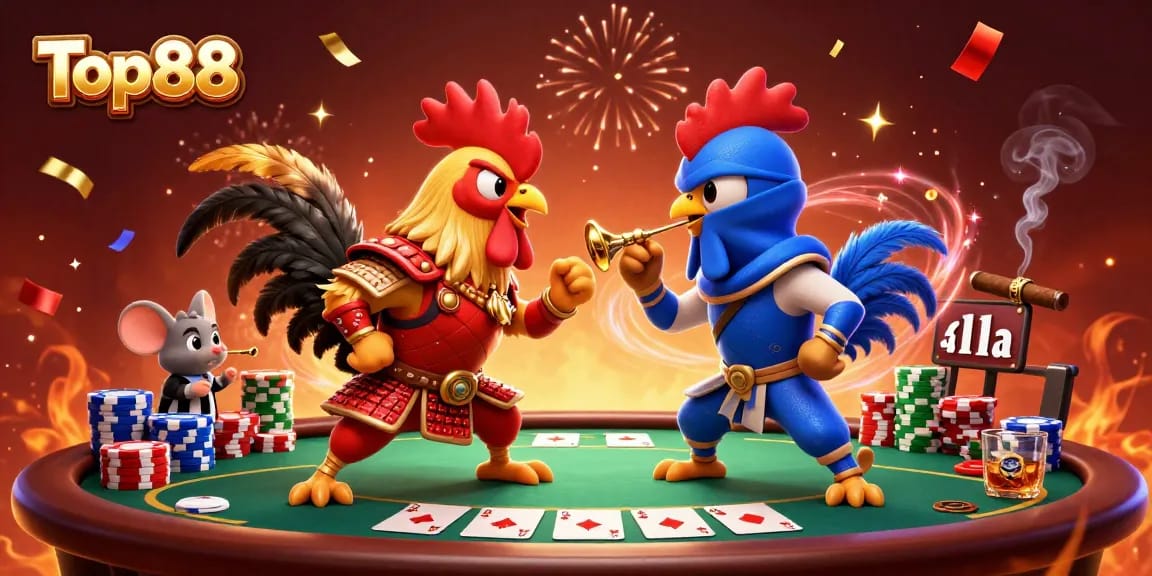 Engage in thrilling action at Top88 with roosters in epic standoff surrounded by poker elements.