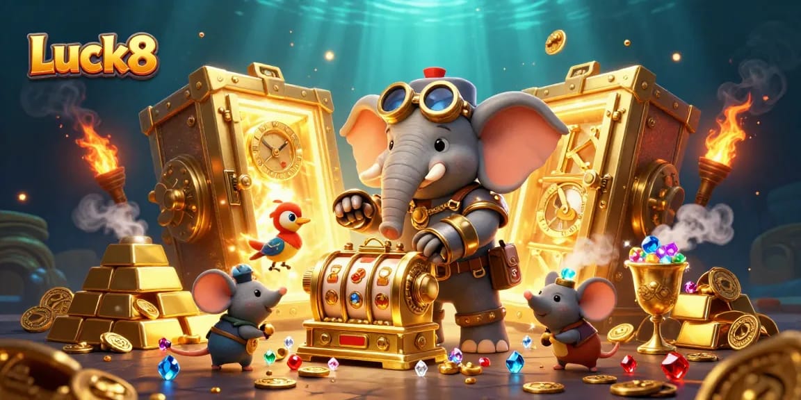 Luck8 illustrates dynamic casino excitement with a steampunk elephant at a golden slot machine.