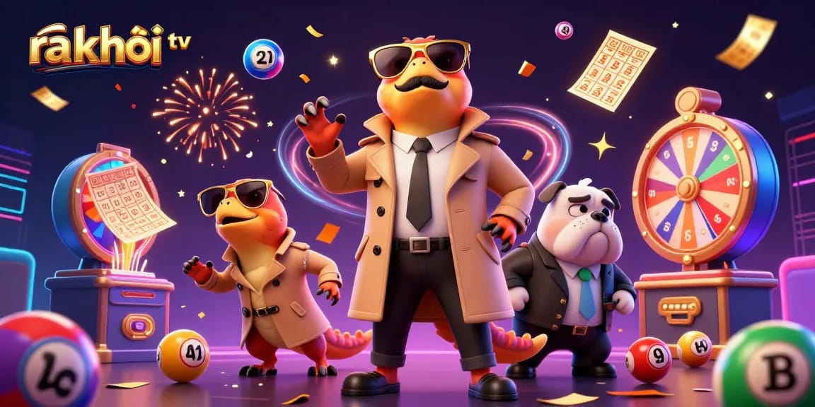 Experience excitement at ra khơi tv with vibrant lottery elements and playful characters in a casino setting.
