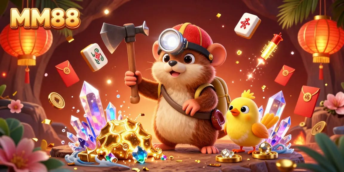 Experience the thrill of MM88 with a vibrant 3D illustration of a treasure hunter mole and gems in an exciting casino scene.