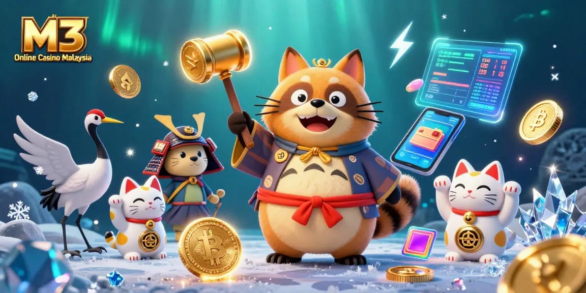 Experience the thrilling games at M3 Online Casino Malaysia with vibrant characters and crypto elements.