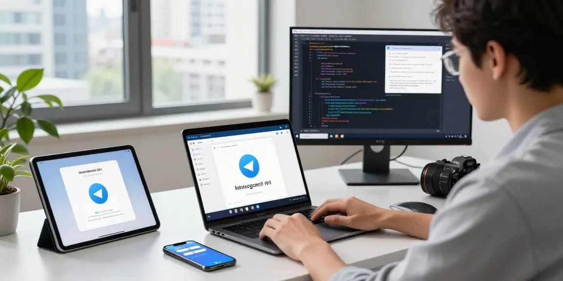 Instant messaging with Telegram下载 at a modern desk setup showcasing installation guides and coding documentation.