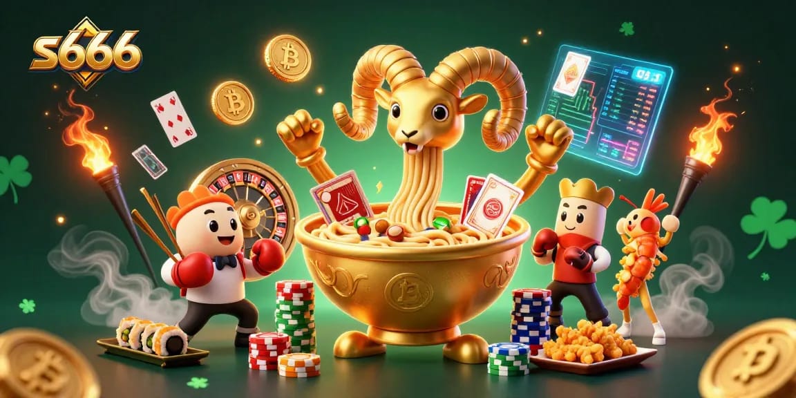 Engage with the dynamic excitement of s666 as a giant ramen bowl character plays cards surrounded by vibrant casino elements.