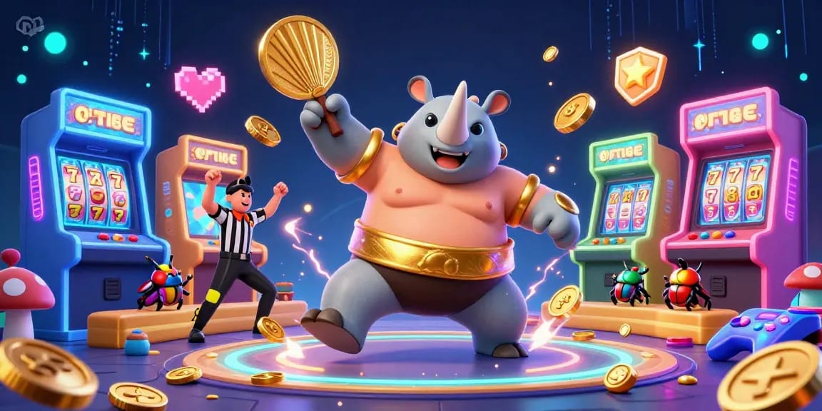 Engage with F 168 in a vibrant casino scene featuring a sumo beetle champion amidst gaming excitement.