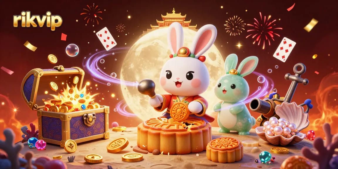 Experience thrilling gaming excitement with rikvip's vibrant 3D illustration of a moon rabbit amidst casino treasures.