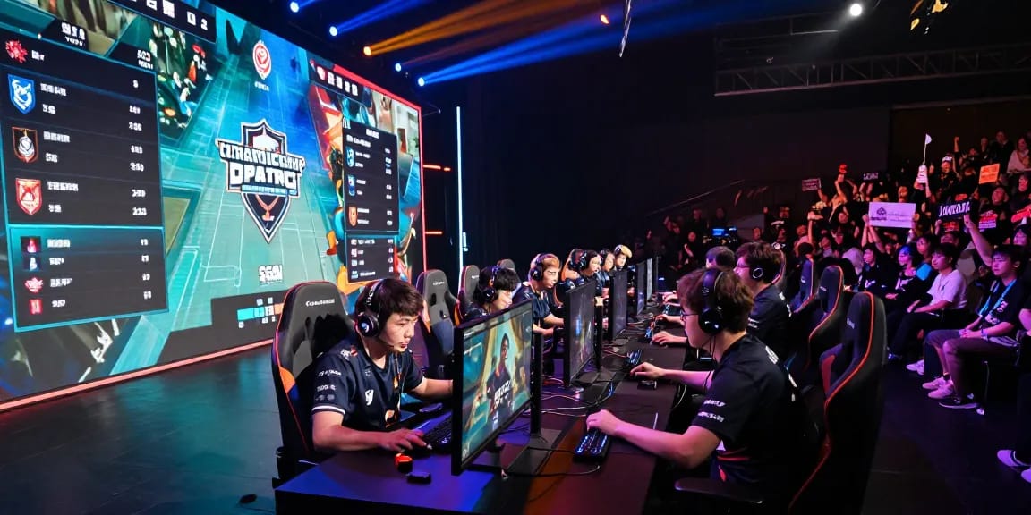 Tim gamer bersaing dalam turnamen esports boswin 88 dengan penonton mendukung.