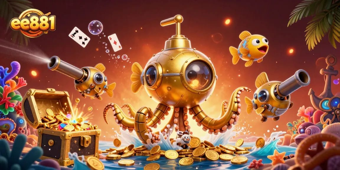 Experience the thrilling world of ee881 with a vibrant golden kraken and treasure galore in a captivating underwater scene.