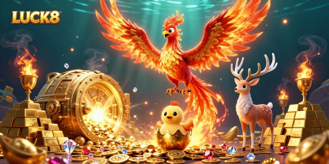 Experience LUCK8's vibrant casino world with icons of wealth and magic in this dynamic 3D illustration.