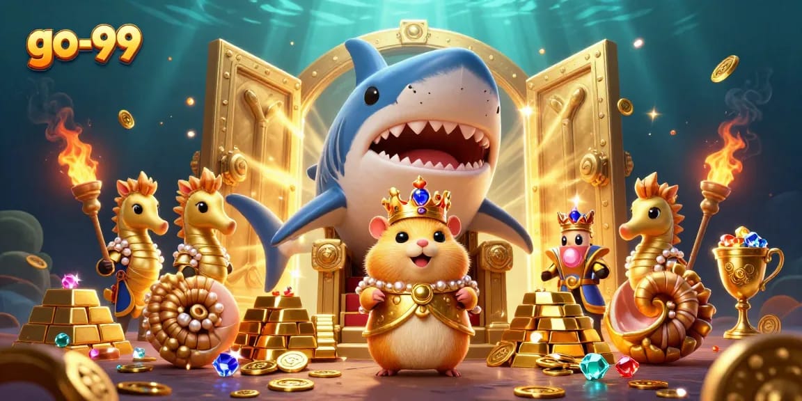 Join the go-99 casino adventure with a golden hamster king and treasure in a vibrant scene.