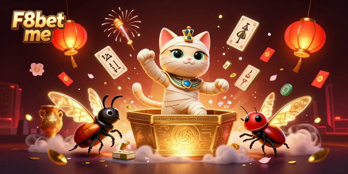Engage with F8bet me while witnessing a vibrant 3D casino scene with an Egyptian mummy and rich decorations.