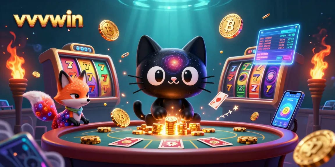 Engage with vvvwin's thrilling cosmic casino experience featuring golden chips and vibrant slot reels.