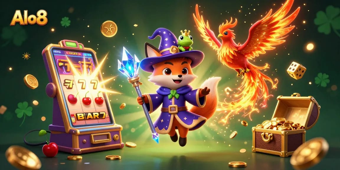 Spin to win at Alo8 with a wizard fox, phoenix, and vivid casino elements.