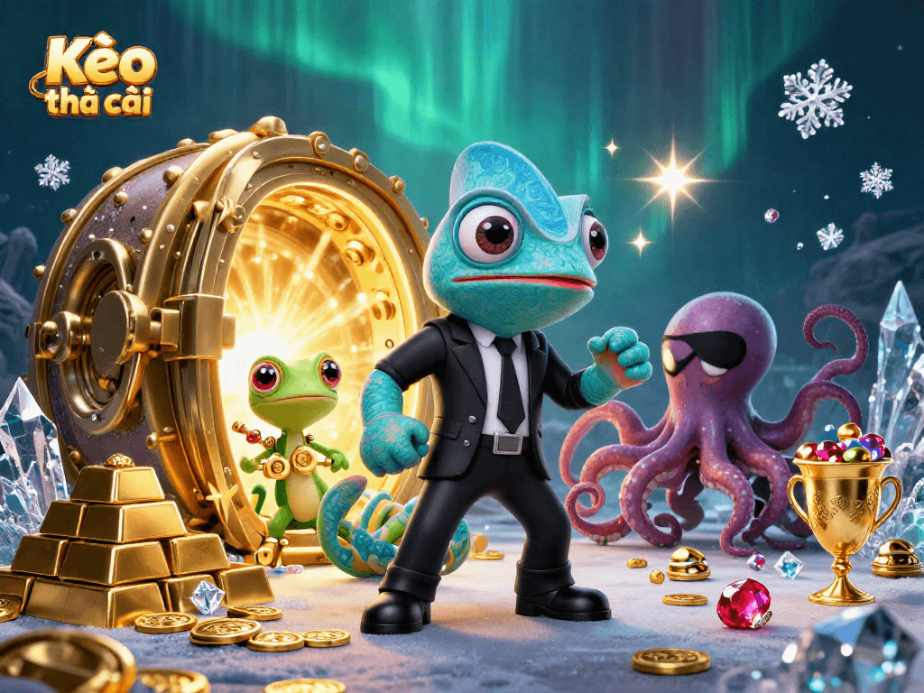 Kèo nhà cái captures gamblers' excitement with vibrant casino characters and treasure elements.