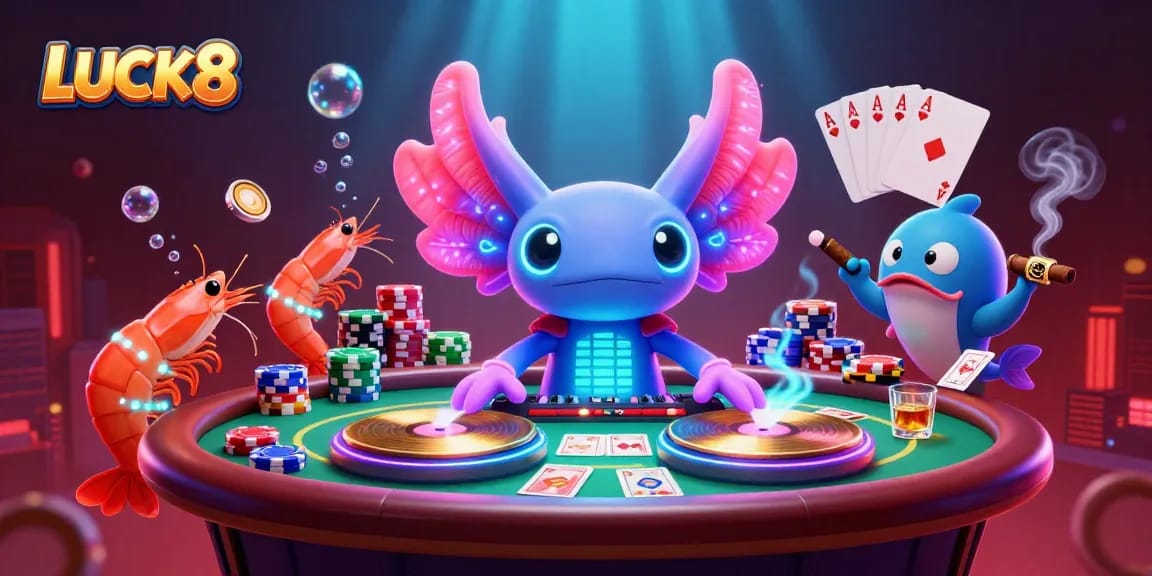 Experience LUCK8's thrilling atmosphere with a neon-themed 3D cartoon casino illustration featuring an axolotl DJ and vibrant game elements.