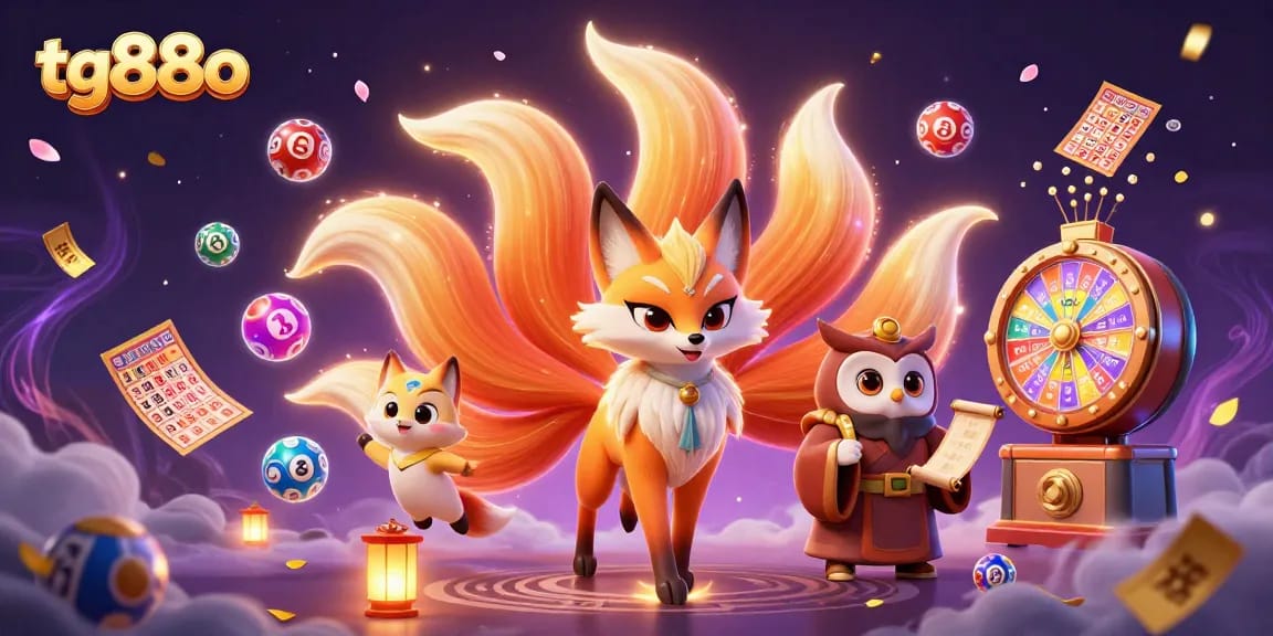 Experience excitement at tg88o with a dazzling nine-tailed fox and owl, surrounded by colorful lottery elements.
