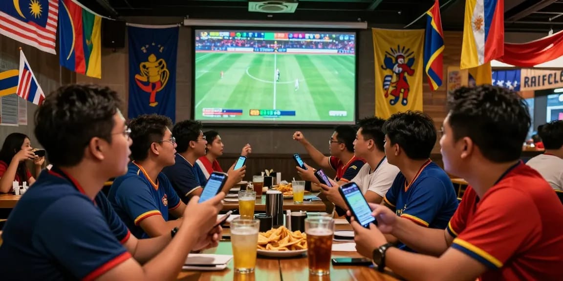 Football Betting Malaysia: Fans enjoying a lively atmosphere while placing bets during a live match.