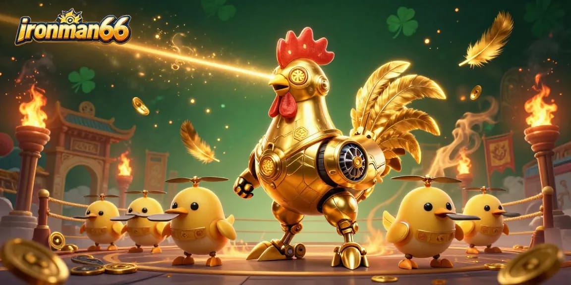 Engage in thrilling gaming at ironman66 with golden rooster robot and vibrant casino action elements.