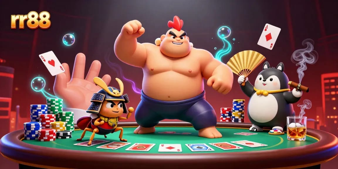rr88 showcases a powerful sumo rooster amid poker excitement, ready to gamble!