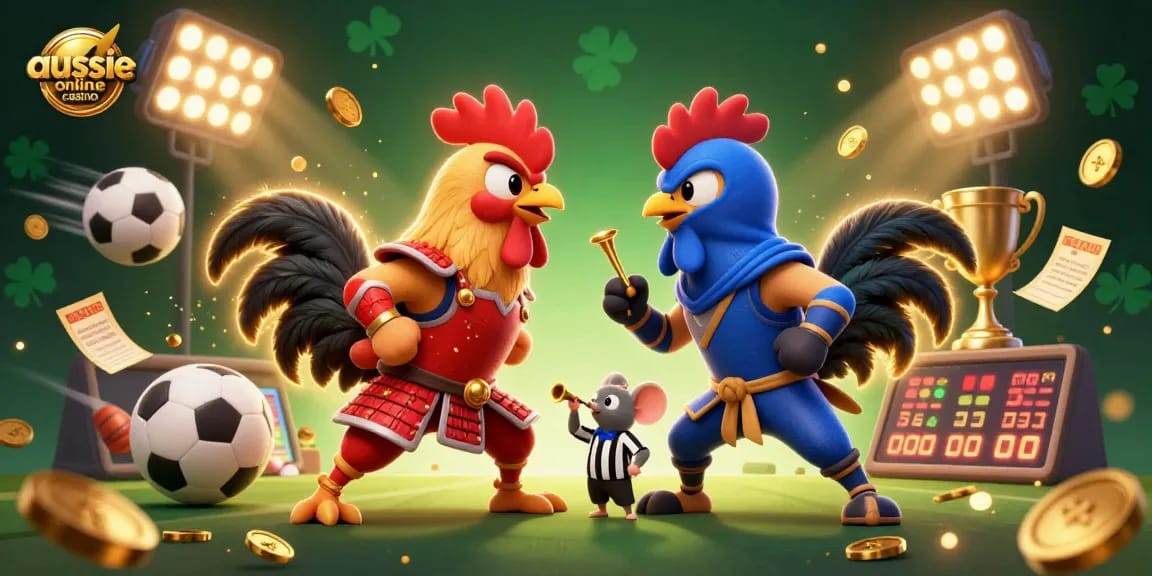 Engage with exciting gameplay at aussie online casino featuring dynamic roosters in dramatic standoff.