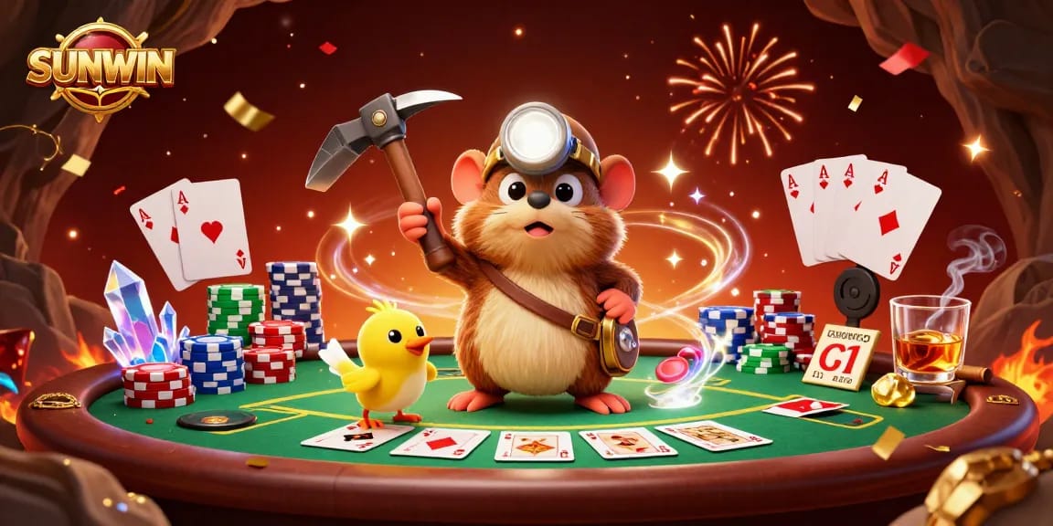SUNWIN captures the thrill of gaming, featuring a treasure hunter mole and poker elements in a vibrant scene.