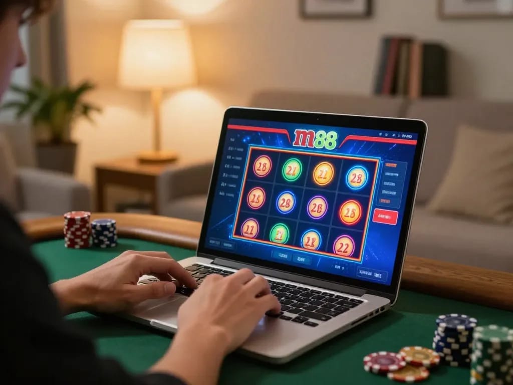 Engaging player focusing on m88 slot gameplay on laptop in a cozy home setting.