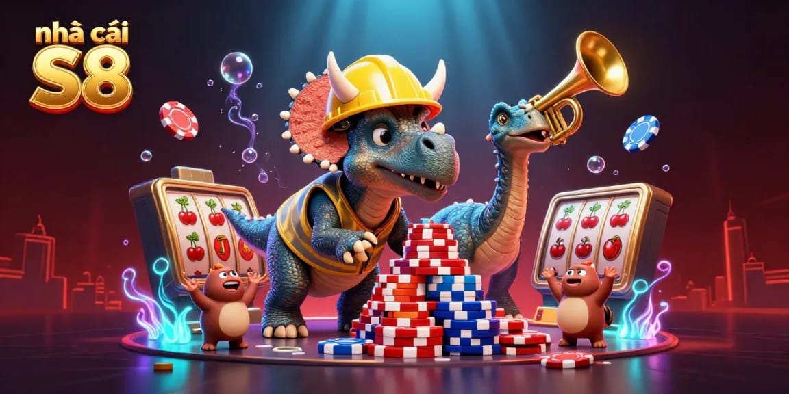 Experience exciting victories at nhà cái S8 with this vibrant casino scene celebrating poker and jackpots.