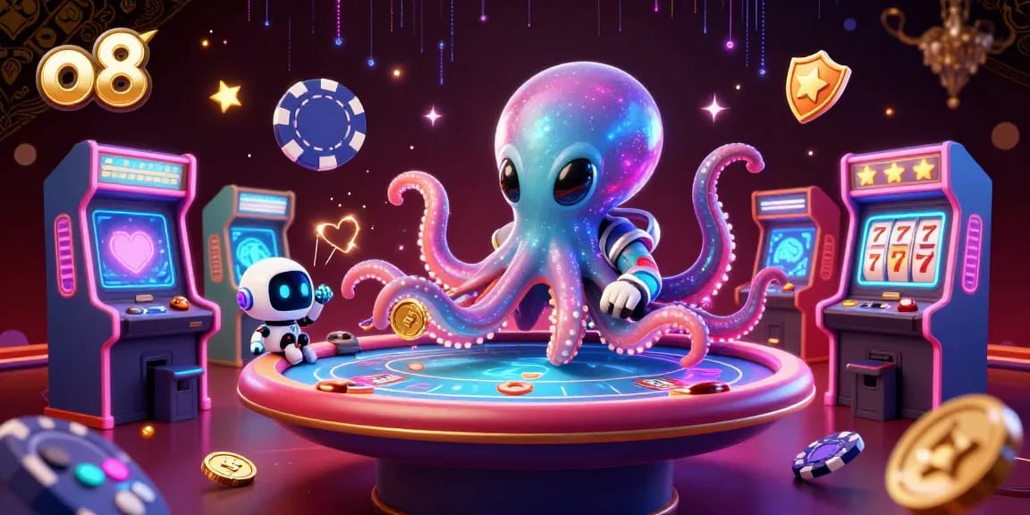 Play exciting games at o8 with an alien octopus at a holographic poker table, surrounded by vibrant casino elements.