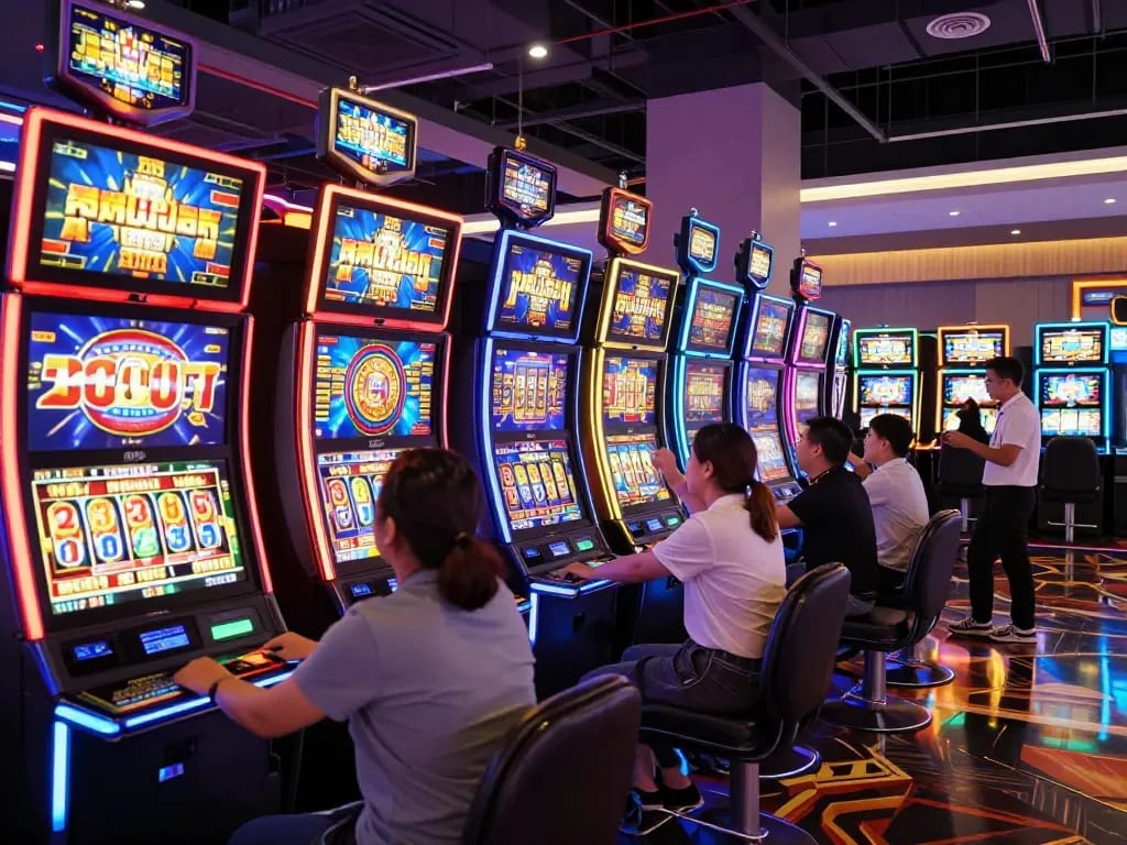 GG88 slot machines stacked with winnings, creating excitement on the casino floor