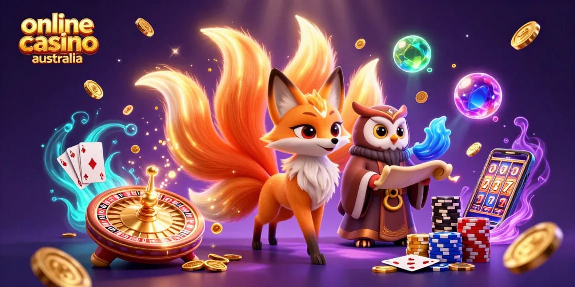 Experience the excitement of online casino australia with vibrant characters, games, and glowing elements.