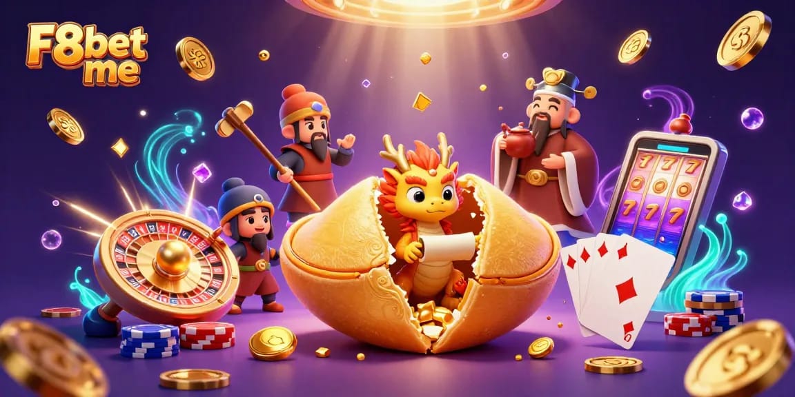 Explore exciting gambling with F8bet me in a vibrant 3D casino illustration featuring golden elements.
