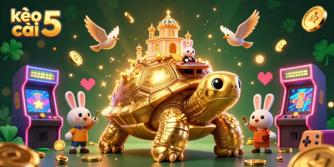 Engage with kèo nhà cái 5 in a vibrant 3D casino scene featuring a golden tortoise and a card dealer.