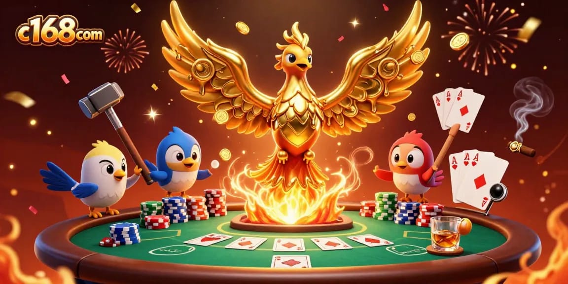 Experience the excitement of c168com with a golden phoenix amidst a vibrant casino backdrop.