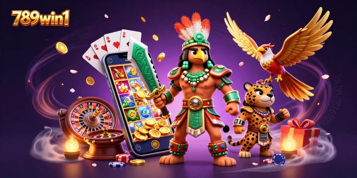 Experience excitement at 789win1 with epic slots and vibrant Aztec characters in a rich casino-themed scene.