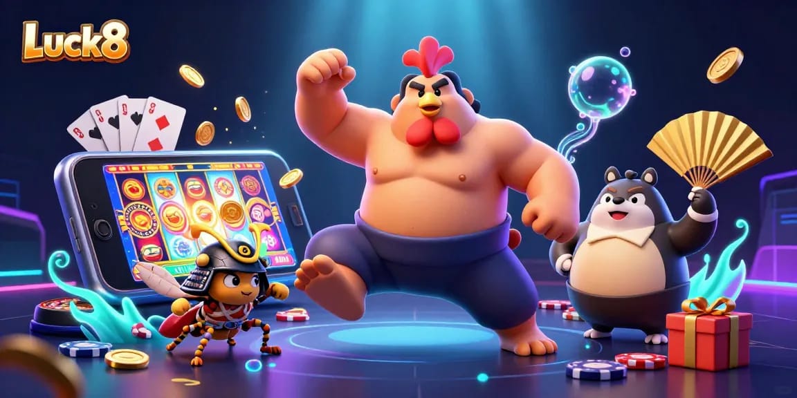 Experience Luck8's casino excitement in a dynamic 3D illustration with vibrant gaming elements.