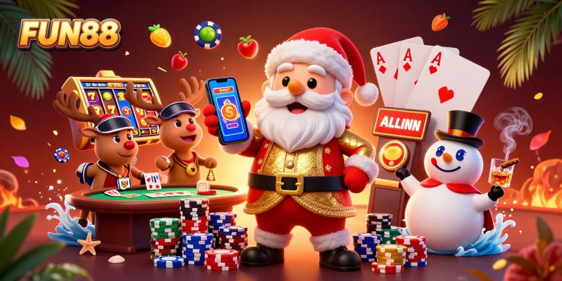 Experience FUN88’s thrilling jackpot slots with vibrant casino characters and festive elements.