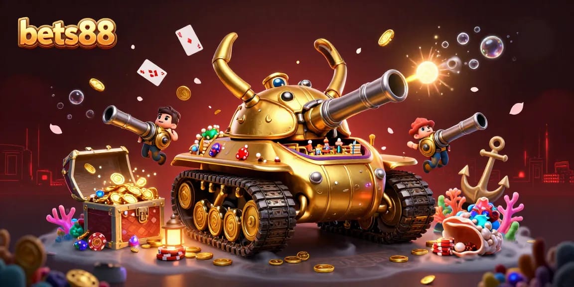 Bets88’s vibrant underwater casino scene showcases a unique golden beetle tank filled with games and treasures.