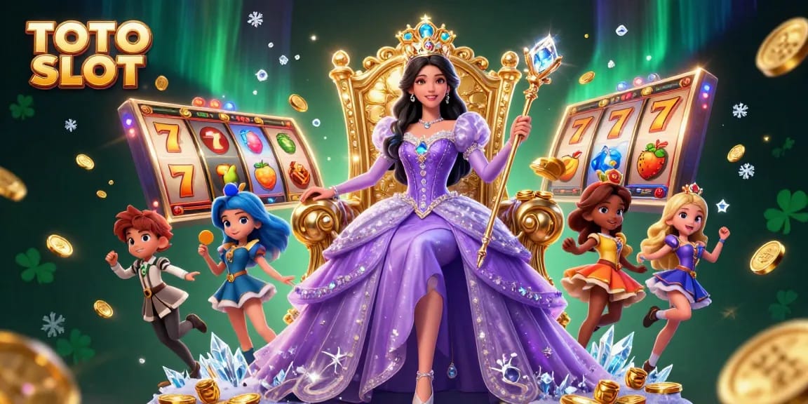 TOTO SLOT captures a majestic scene featuring a regal princess among dynamic slot reels and casino elements, perfect for gambling enthusiasts.