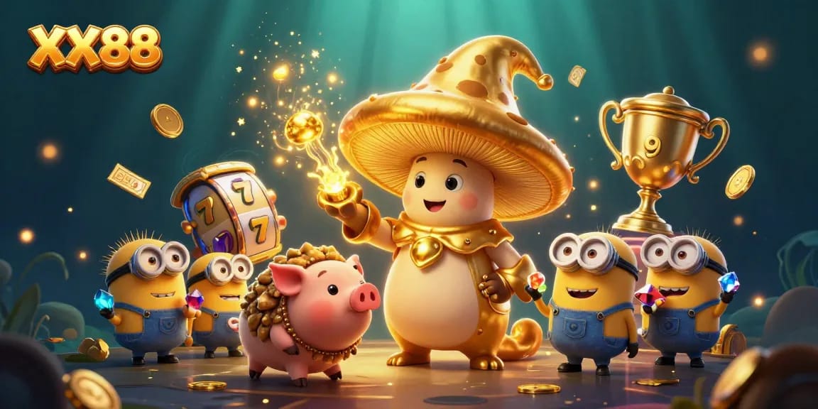 Engage with the magic of XX88 slots as a golden wizard conjures treasures amidst dynamic casino elements.